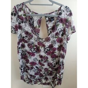 Hot Topic Skull Rose Print Sheer Cutout Back Short Sleeve Women's Top‎ XL